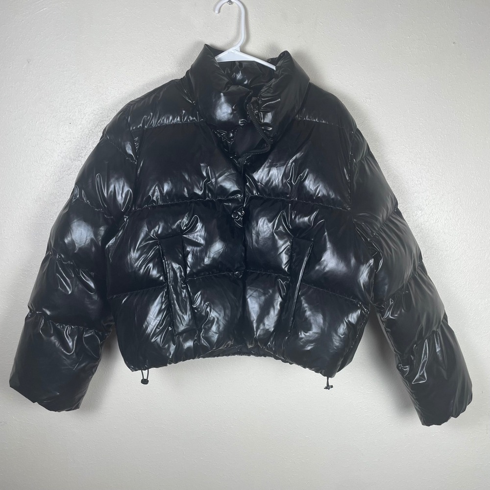 Grey Lab Los‎ Angeles Black Shiny Wet Look Cropped Puffer Jacket Womens Medium